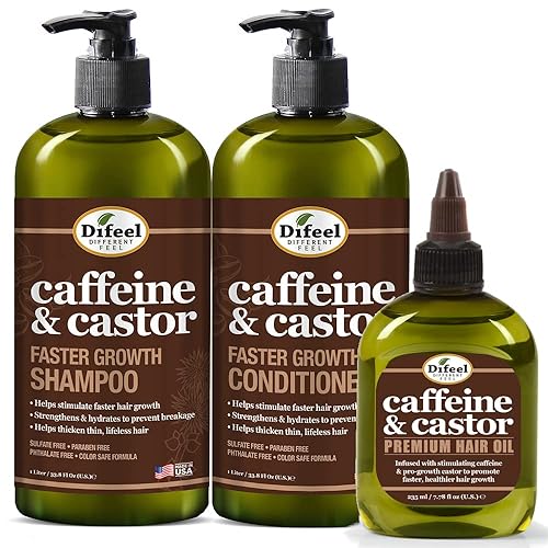 Difeel Champú de cafeína y ricino, acondicionador y aceite para el cabello para un crecimiento más rápido del cabello, con champú de 33.8 onzas,