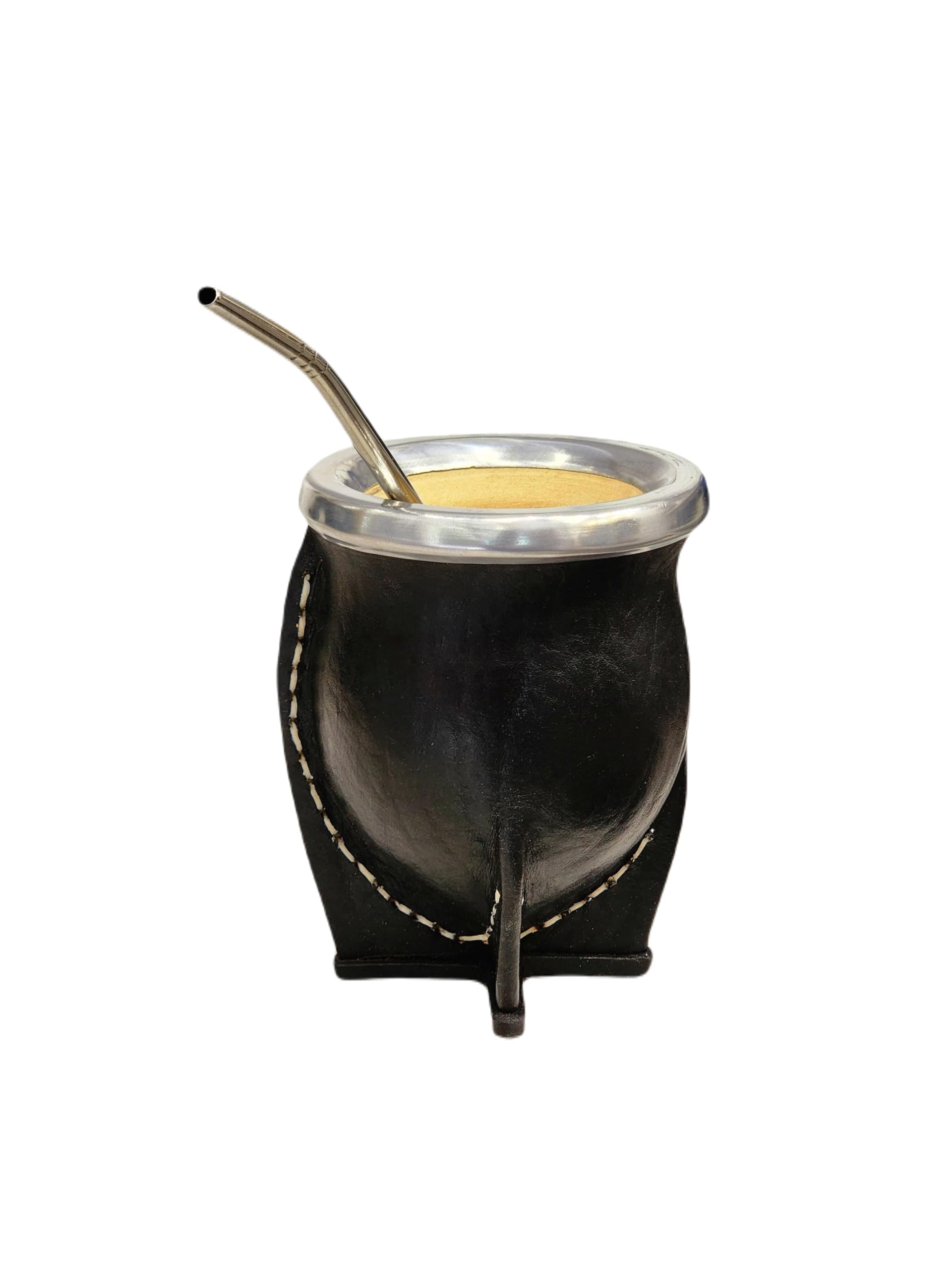 Taza Mate Argentino Premium con Interior Madera de Calabaza Natural Y Exterior Cuero Negro con Acero Inoxidable - Incluye Bombilla para Yerba Mate.