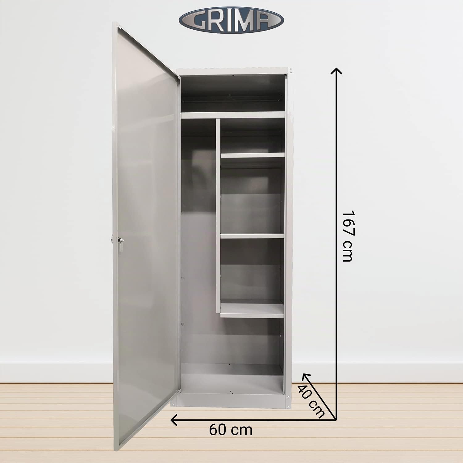 GRIMA Armadietto metallico singolo - 1 anta, 60x40x167 cm, porta scope, detersivi, spogliatoio, mobili multiuso