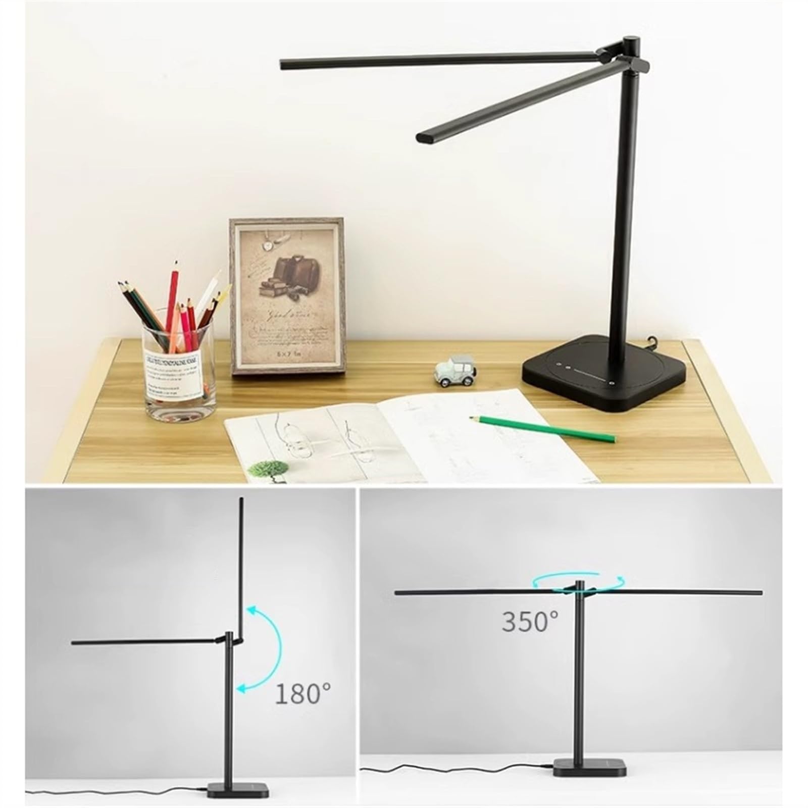 Lampada da Comodino per Ufficio Lampada da scrivania a LED con doppio braccio oscillante, lampada da scrivania pieghevole regolabile da 15 W, lampada da tavolo dimmerabile al tocco con 3 modalità di i