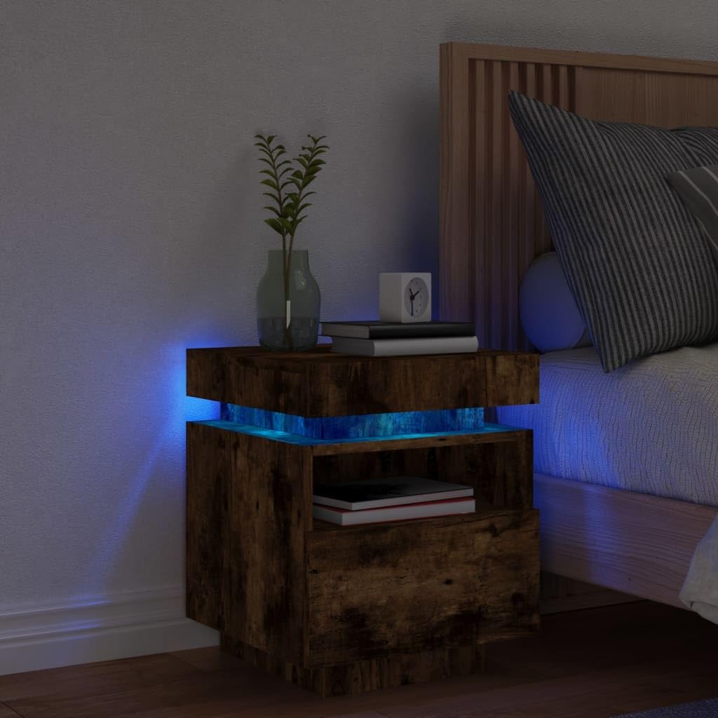 YUANCHUTOP LED Floating Bedside Table with Drawer and Shelf, Wall Mounted Nightstand with LED Lights, Floor Stand or Wall Mount, for Living Room Bedroom - Oak+Rustic
