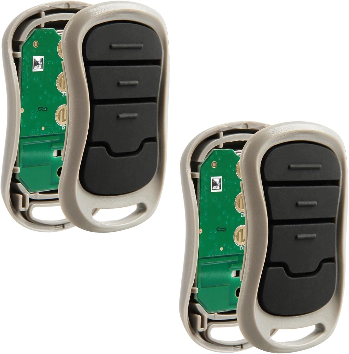 Two Garage Outlet 3-Button G3T-R remote openers with their casings open, revealing the internal circuit boards and buttons.