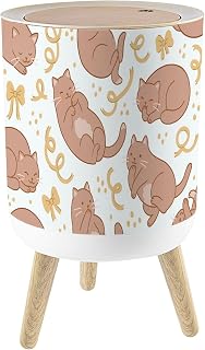 Bathroom Trash Can with Lid Seamless cute sleeping cats bows Pet animals kitten ornament Flat 1.8 Gal/7L Round Plastic Waste Baskets Dog Proof Trash Can Garbage Bin Kitchen with Removable Legs