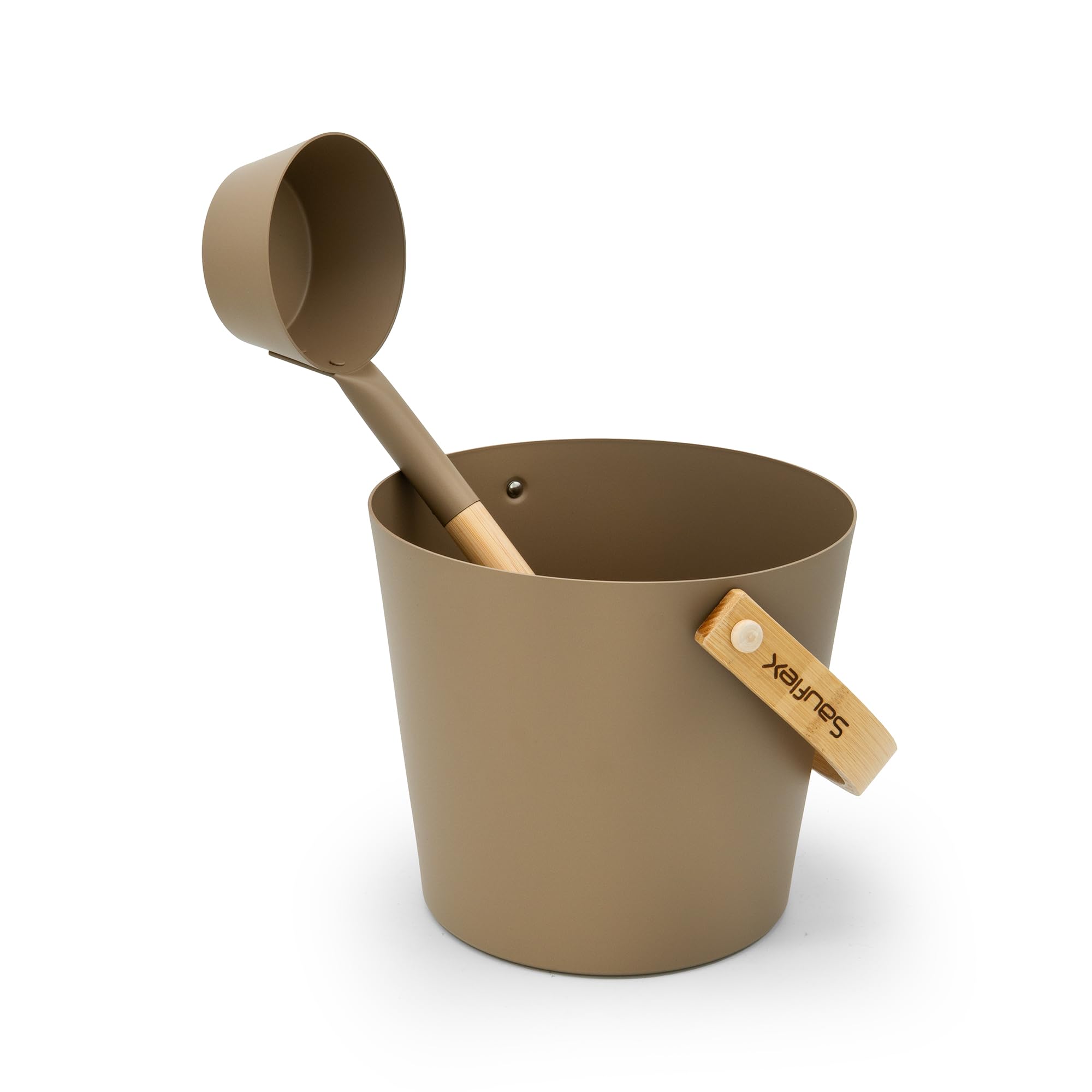 Sauna Zubehör Set: 4L Aluminium Eimer und 42cm Kelle, Bambusgriffe (Taupe)