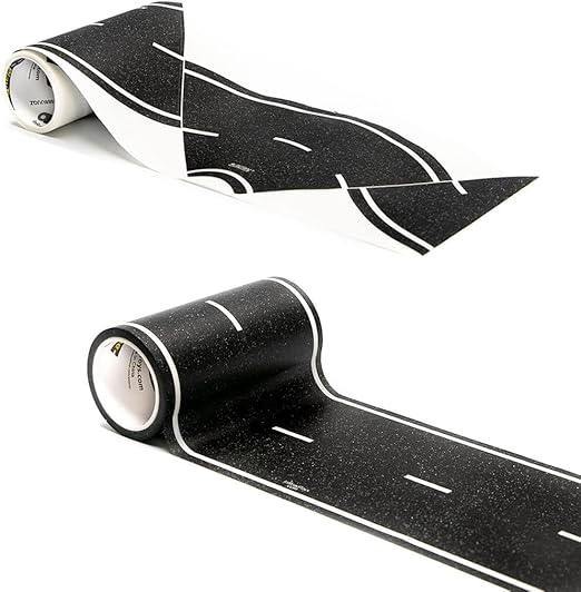 PlayTape Road Tape and Curves for Toy Cars - 1 Roll of 30 ft. x 4 in. Black Road + 1 Roll of 12 Curves