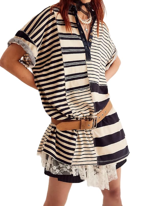 Image of NUFIWI Y2K Striped Shirt Mini Dress for Women Oversized Stripe Tunic Tshirt Dresses Short Sleeve Buttons Loose Fit Tee Dress