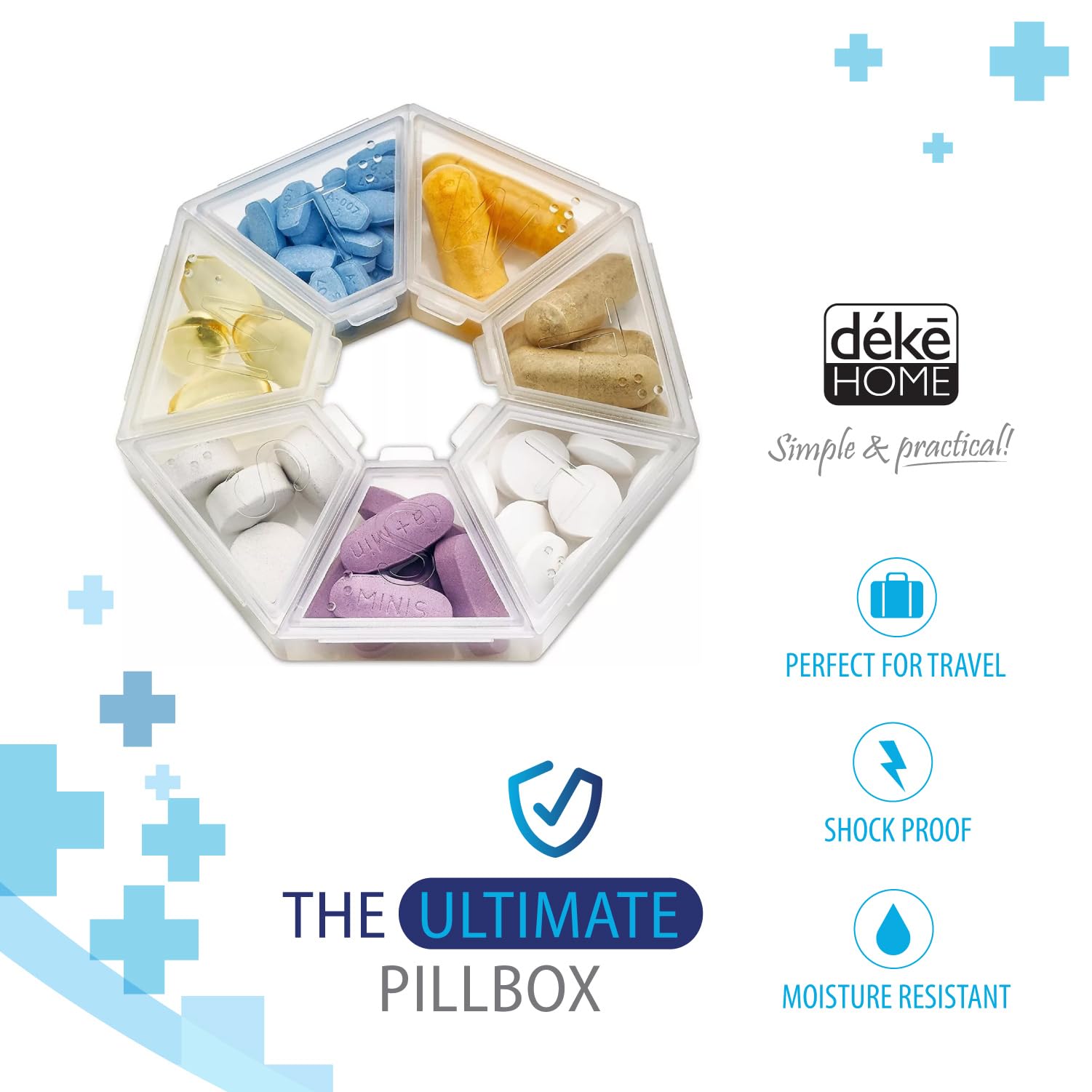 Scatola portapillole portatile a 7 lati per medicinali, piccolo contenitore (sette giorni settimanali) per farmaci, vitamine, contenitore per dispenser, organizer per pillole e promemoria.