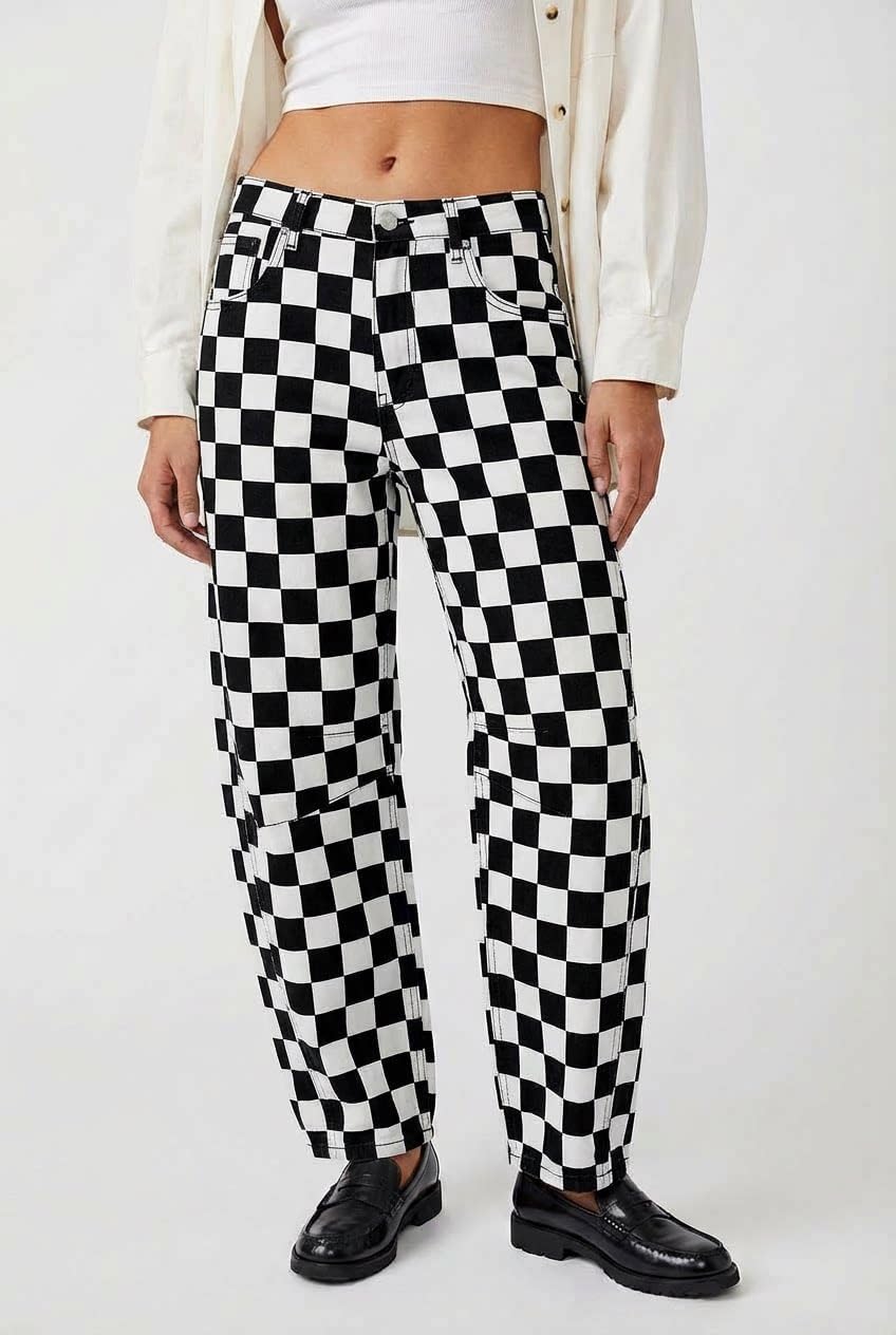 utcoco Women's Checkerboard Print Barrel Leg Jeans Boyfriend High Waist Wide Leg Stretchy Denim Pants