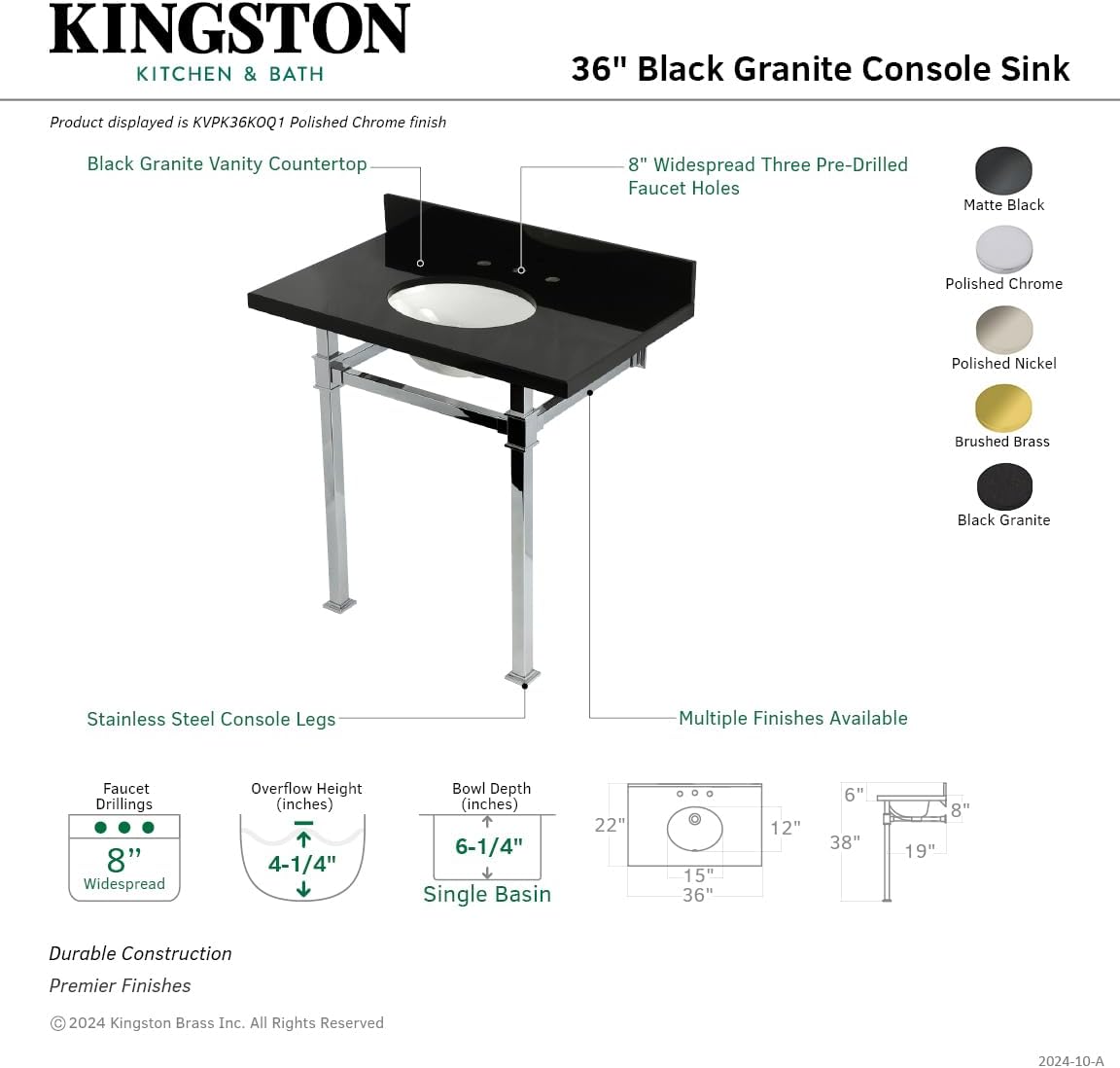 Kingston Brass KVPK36KOQ7 Monarch 36" Black Granite Console Sink with Stainless Steel Legs, Black Granite/Brushed Brass