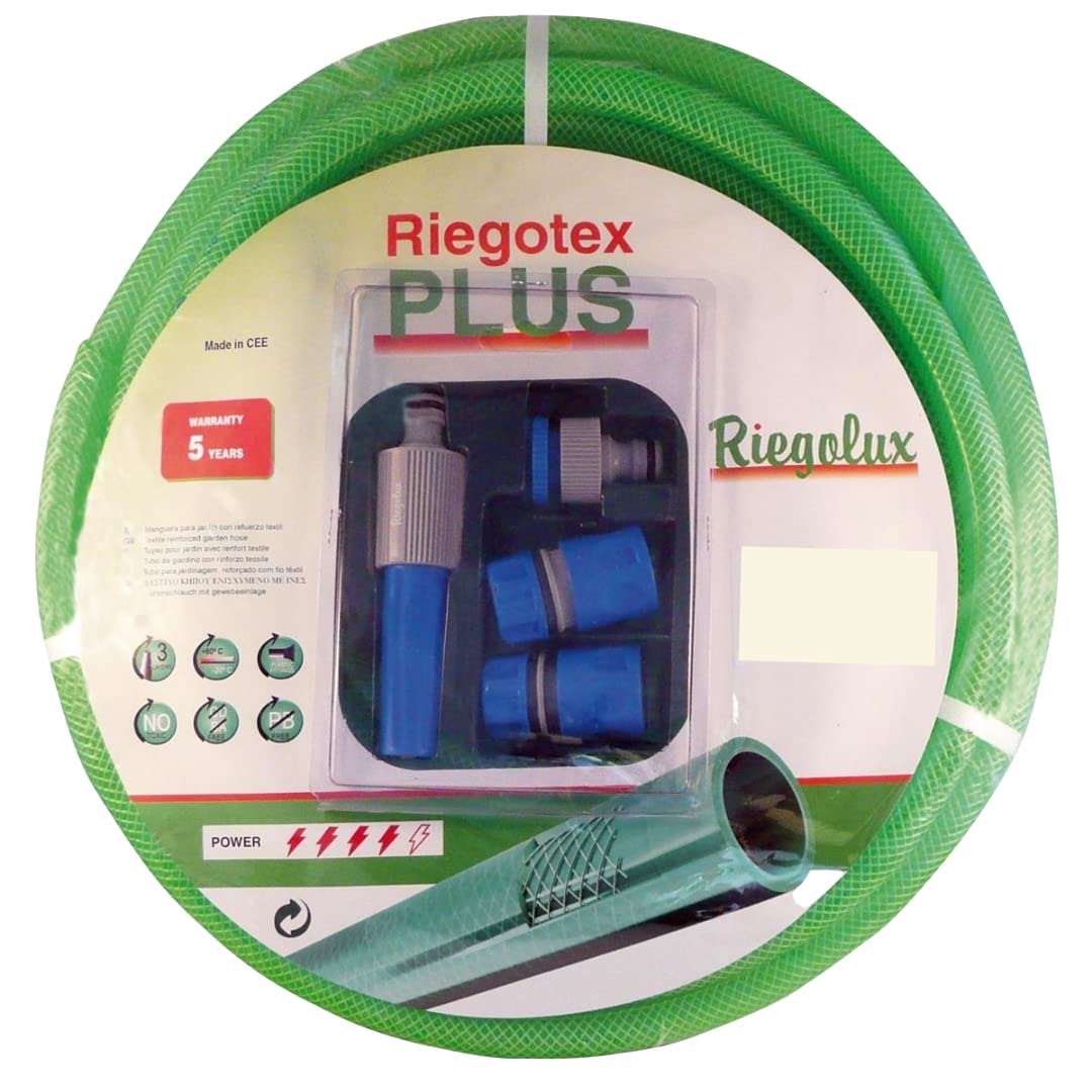 Manguera RIEGOTEX 19 x 25 m | Incluye accesorios: Lanza regulable, adaptador grifo 3/4"- 1/2" y dos manguitos rápidos