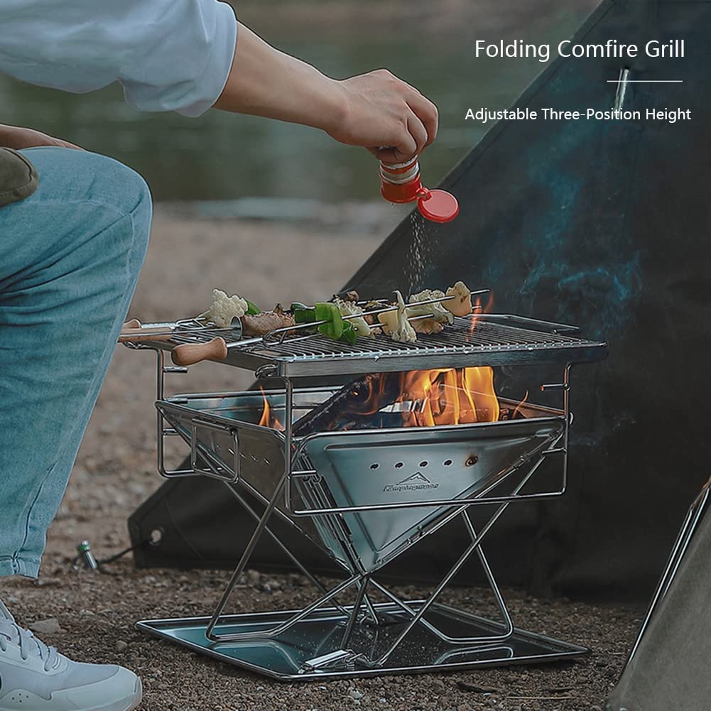 Griglia portatile per falò, in acciaio inox, pieghevole, a carbone, per esterni, braciere a legna per campeggio, tailgating e feste barbecue