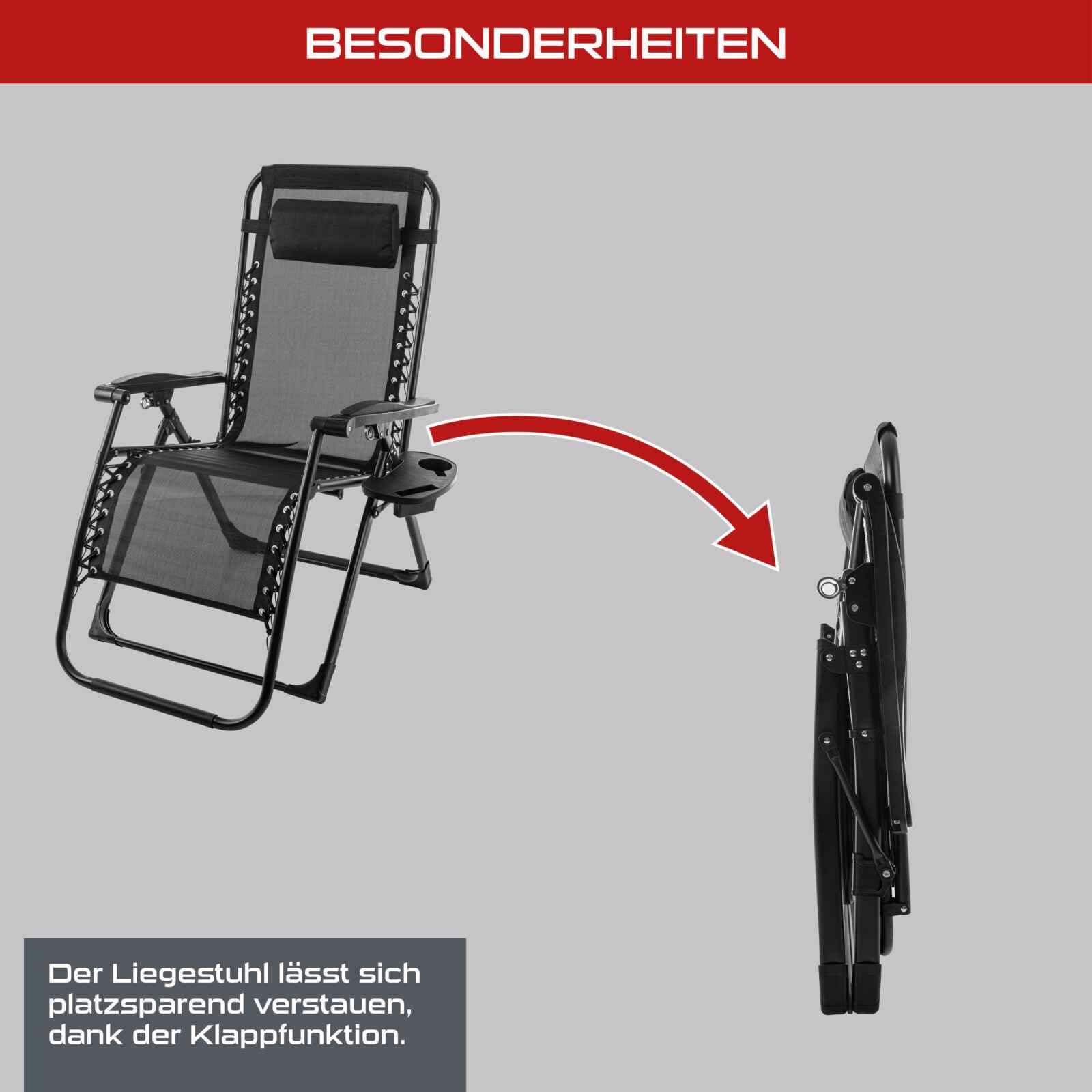 Practixx Liegestuhl klappbar mit Polsterauflage & Kissen | Extra breit 72cm | Getränke & Handyhalterung | Bequeme Auflage | Gartenstuhl Liegesessel Gartenliege schwarz robust stabil & wetterbeständig