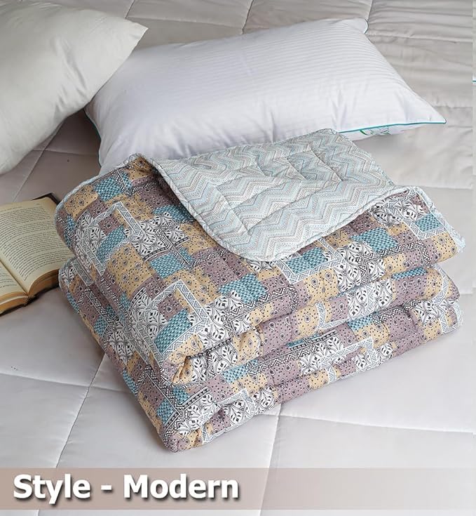 Image of SANMARINO Jaipuri Razai Single Bed Reversible Cotton Quilt | Traditional Ethnic Floral Print Dohar | Lightweight AC Comforter with Pure Cotton Filling | All-Season Blanket (Earthy Pastel Patchwork)