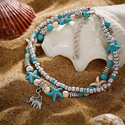 Image of Softones Blue Starfish Turtle Anklet Multilayer Charm Beads Sea Handmade Boho Anklet Foot Jewelry for Women