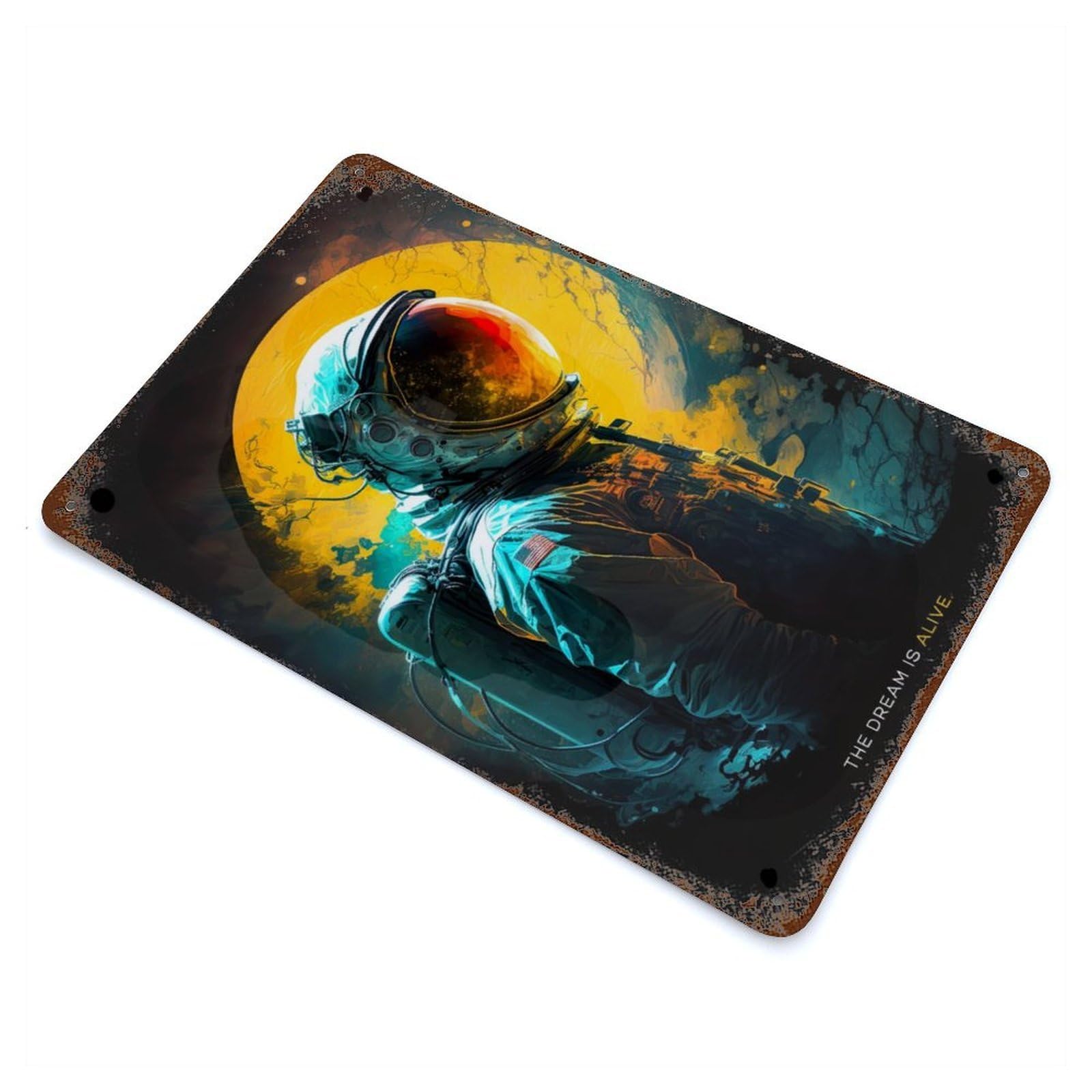 Weathered Tin Sign with Neon Astronaut with Sun Design 11.8"x7.9", for Basement, Hobby Room And Garage Decor, Industrial Home Decor