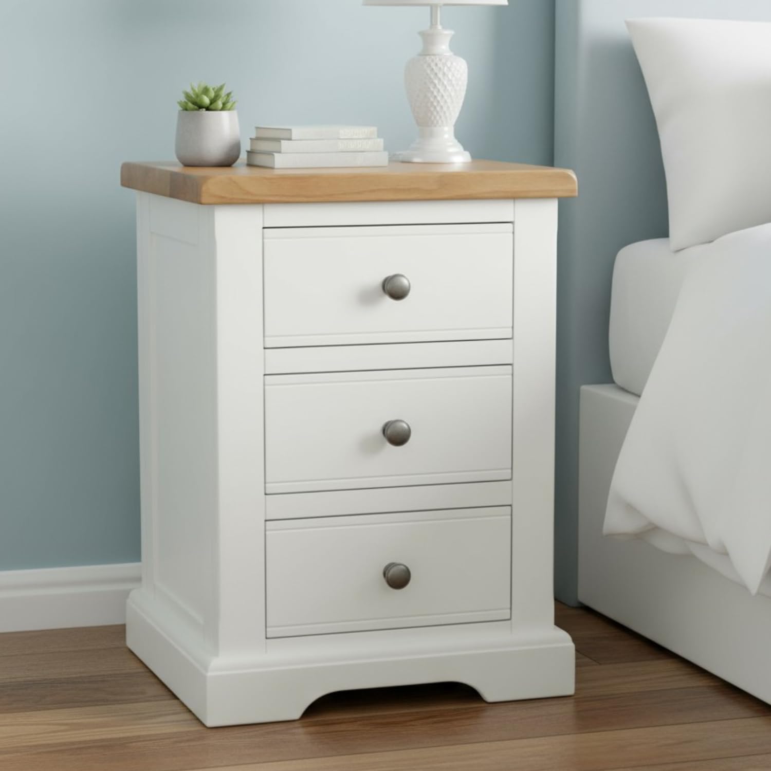 Comodino colorato con 3 casetti in legno bianco e beige e grigio | Maisons du Monde