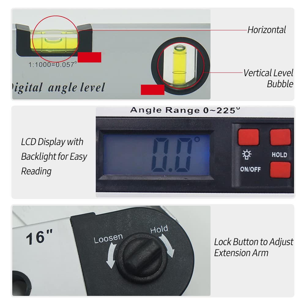 Livella angolare digitale da 16 pollici e goniometro elettrico con display LCD retroilluminato, campo di misurazione da 0 a 225 gradi, regolazione a gradini di 0,1 gradi,