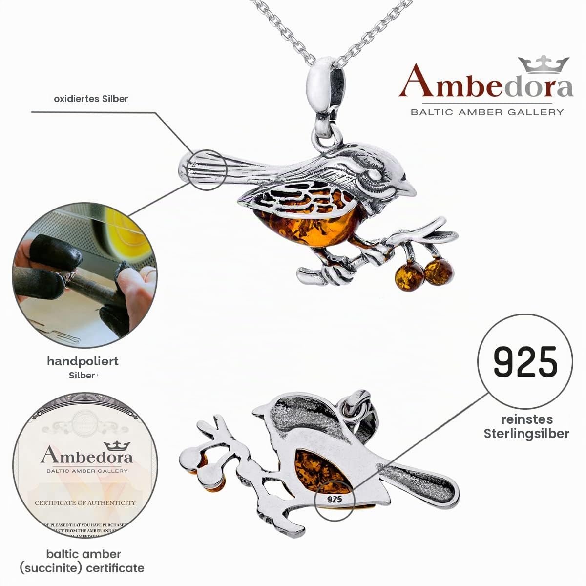 Damen Halskette Bernsteinspatz, Oxidiertes Sterling Silber, Baltischer Bernstein in Cognac Farbe, Silberanhänger mit Kette