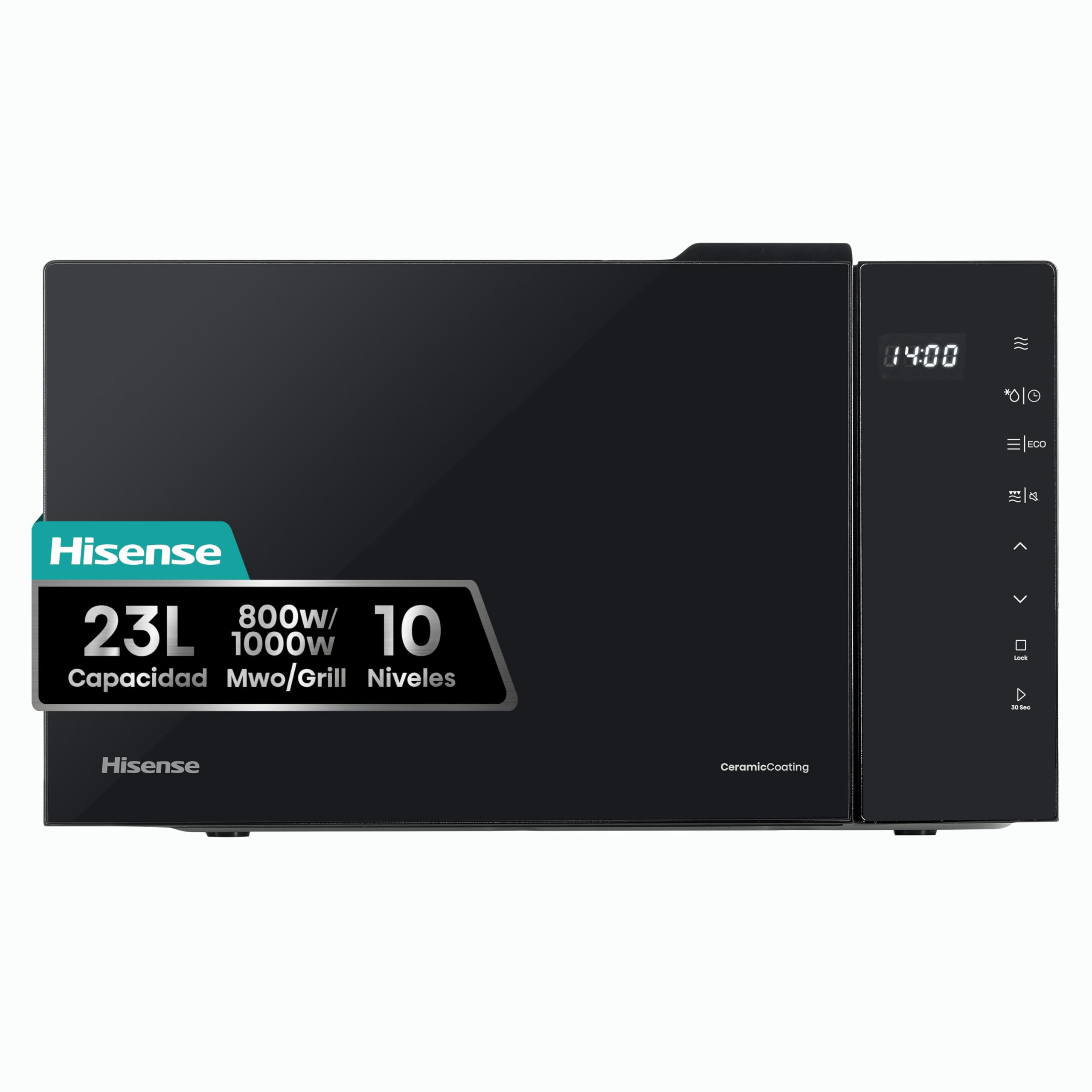 Hisense H23MOBS5HG4 - Microondas Digital con Grill 23 Litros, 1000W, Revestimiento Cerámico, Cristal Premium, Modo ECO, Descongelación programada, 10 Niveles de Potencia, Fácil Limpieza