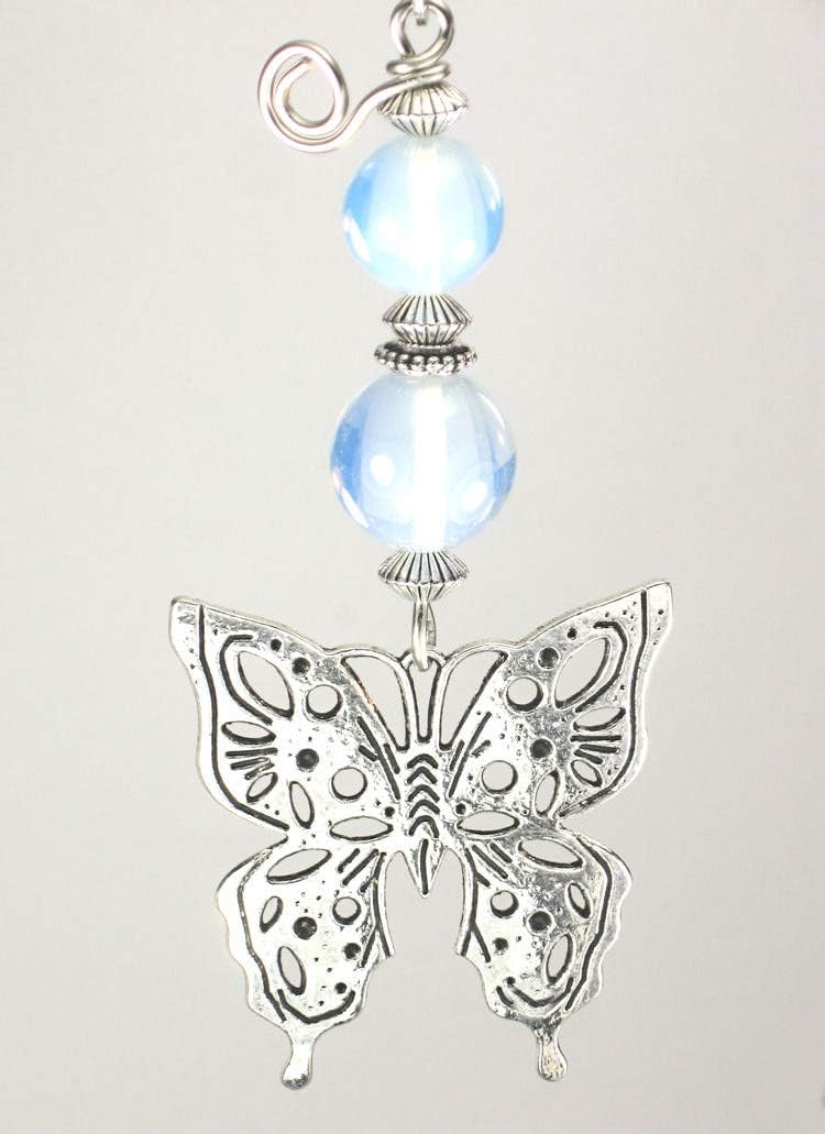 Beautiful Silver Butterfly & Opal Faceted Glass Ceiling Fan Pull Chain