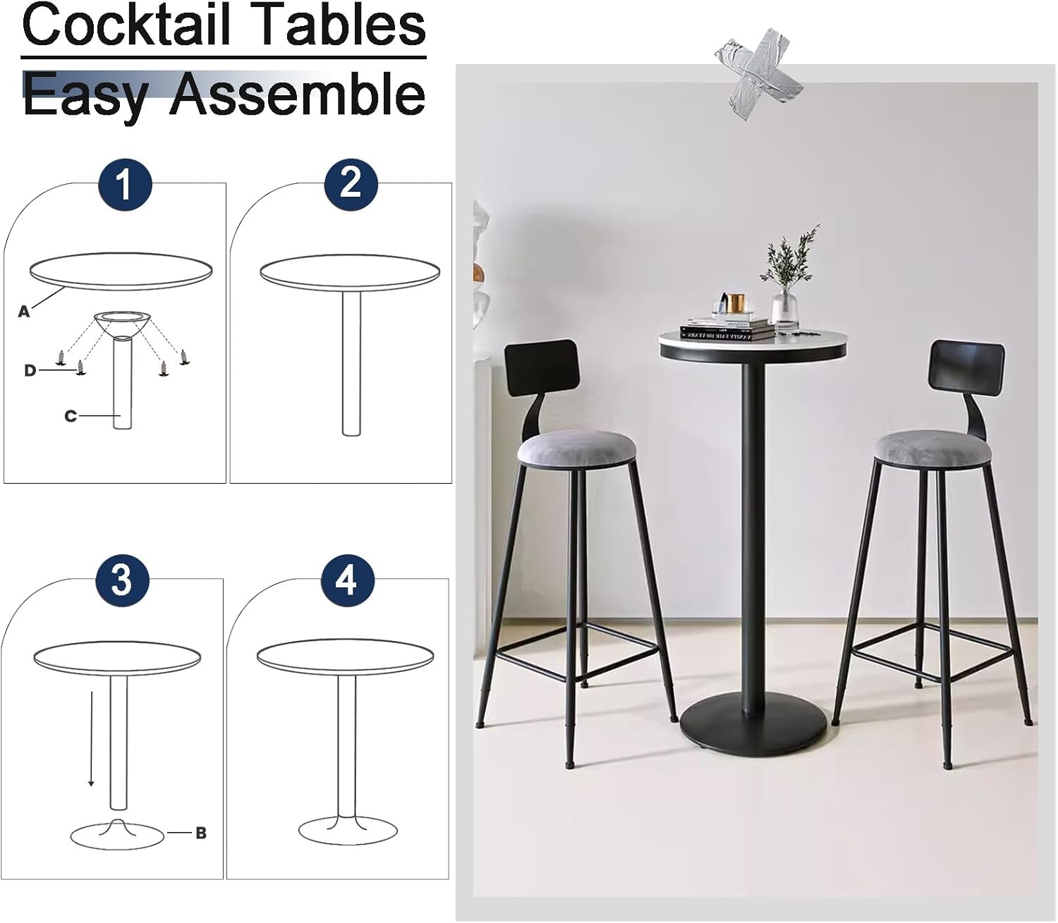 Round Pub Bar Table,Bistro Pub Table Round Bar Height Cocktail Table Metal Base Marble Top, Coffee Counter Table Drink Table Indoor Outdoor End Table Dining Kitchen Desk, Small Accent Table
