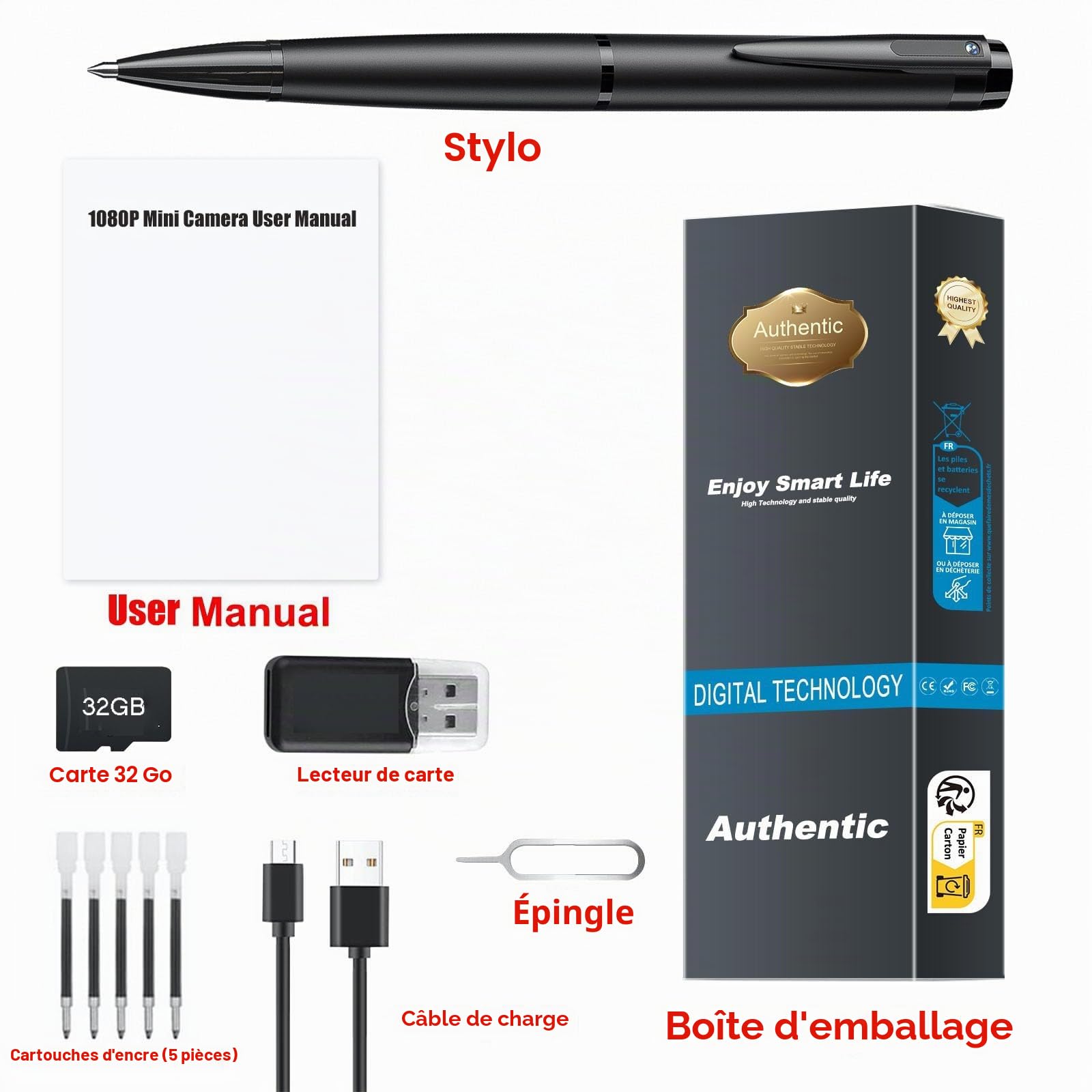 Caméra Espion Caméra Cachée Stylo 1080P Mini Caméra de Poche avec Carte 32 Go Caméra Stylo avec Enregistrement Vidéo Prise de Photo et 150 Mins d'Autonomie de la intérieur extérieur