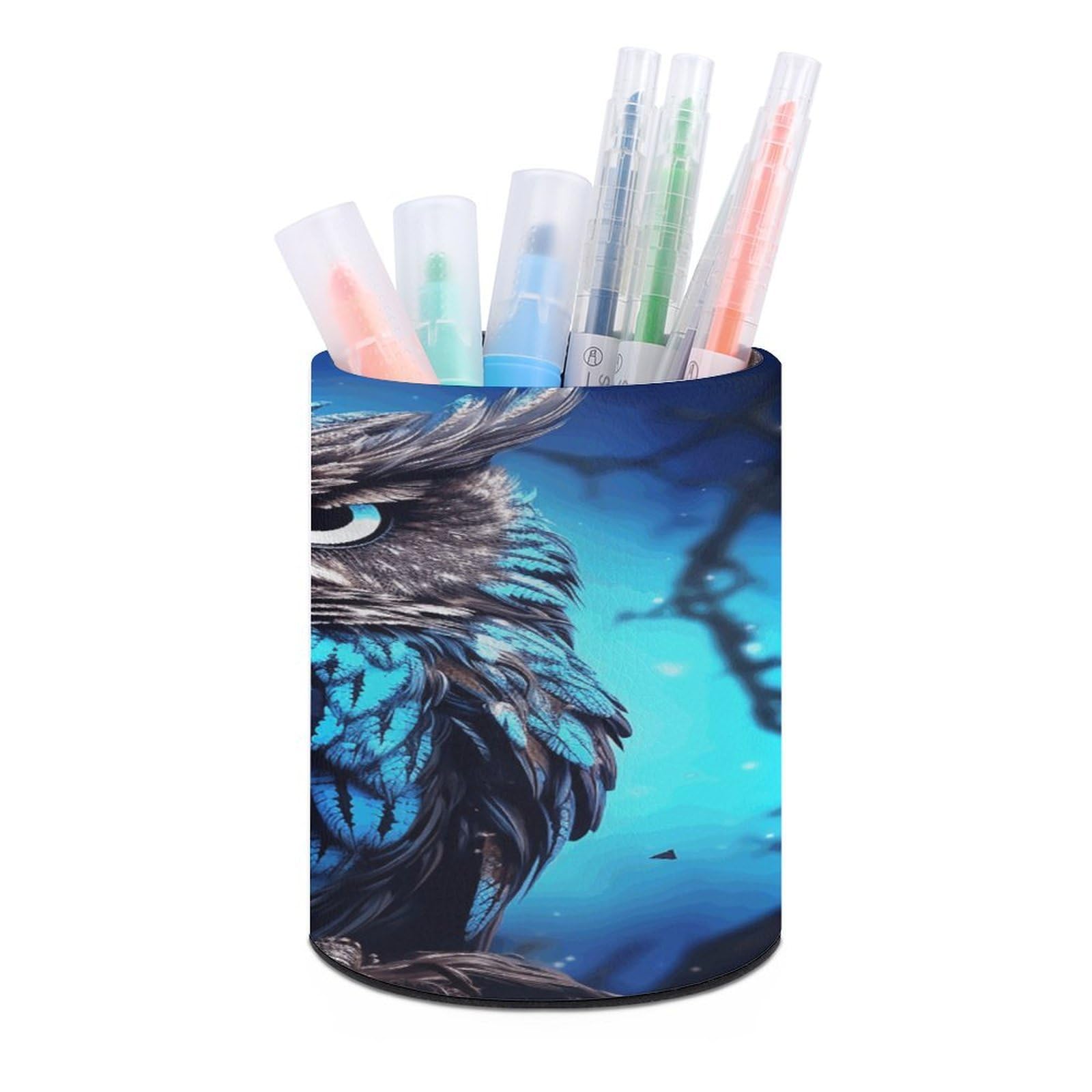 VstaDank Blue Owl Pen Holder PU Leather Pencil Cup Minimalist Desk Pencil Holder Round Make Up Brush Organizers For Office Dorm Room&Vanity Desk Accessories