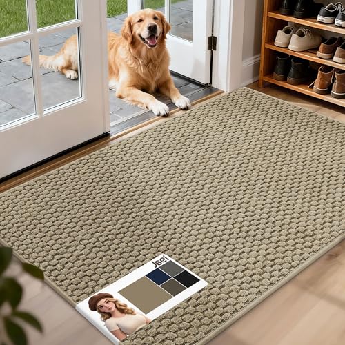 JSEI 32"x48" Beige Dirt Trapper Door Mat 14 Pack 9" X 28" Beige Non-Slip Stair Treads for Wooden Steps Indoor