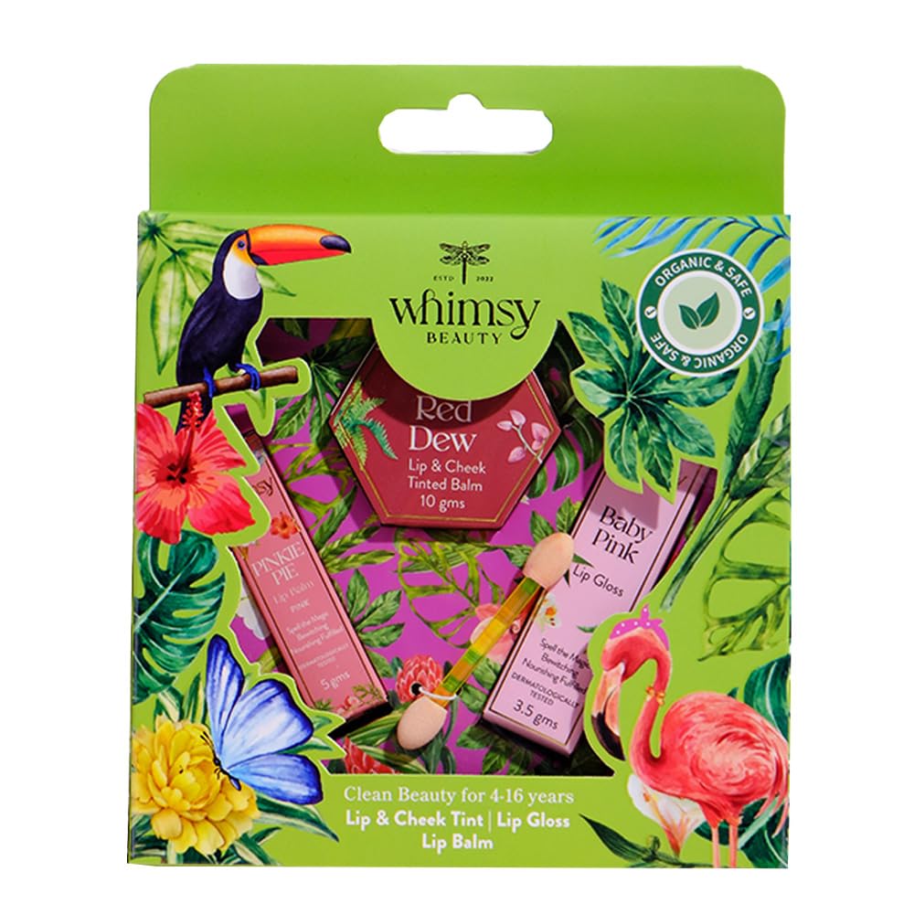 Whimsy Beauty Organic & Safe Kids Makeup Kit | Safe, Non-Toxic Beauty Set for Girls | Includes Lip Balm, Lip Gloss & Lip & Cheek Tint | Vegan & Cruelty-Free (Pack of 3)