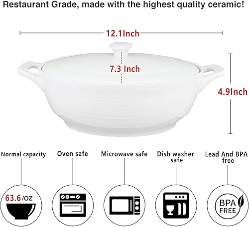 Miniatura 2 de Cacerola ovalada de 9 x 6.5 pulgadas con tapas, soperas de cerámica blanca francesa de 1.9 cuartos de galón, plato para hornear con mango de 12.1