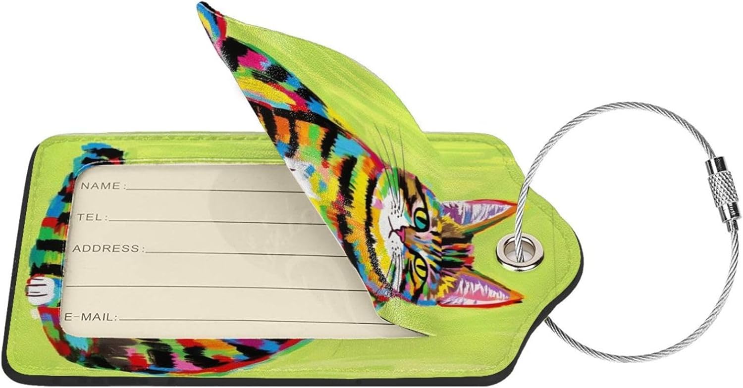 4 Pack Luggage Tag for Suitcase,Cute Cat PU Leather Baggage Tags with Privacy Name ID Address Labels and Durable Steel Loop for Women Men Travel