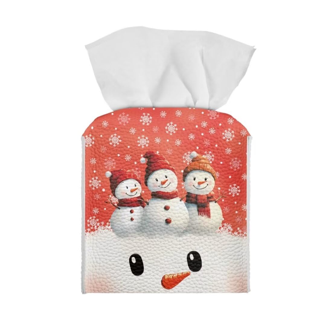 TOADDMOS Christmas Tissue Box Three Snowmen Square Tissue Box Cover Case Snowflake Leather Cube Tissue Box Holder for Cute Home Decorations,Car,Office Desk — image 1