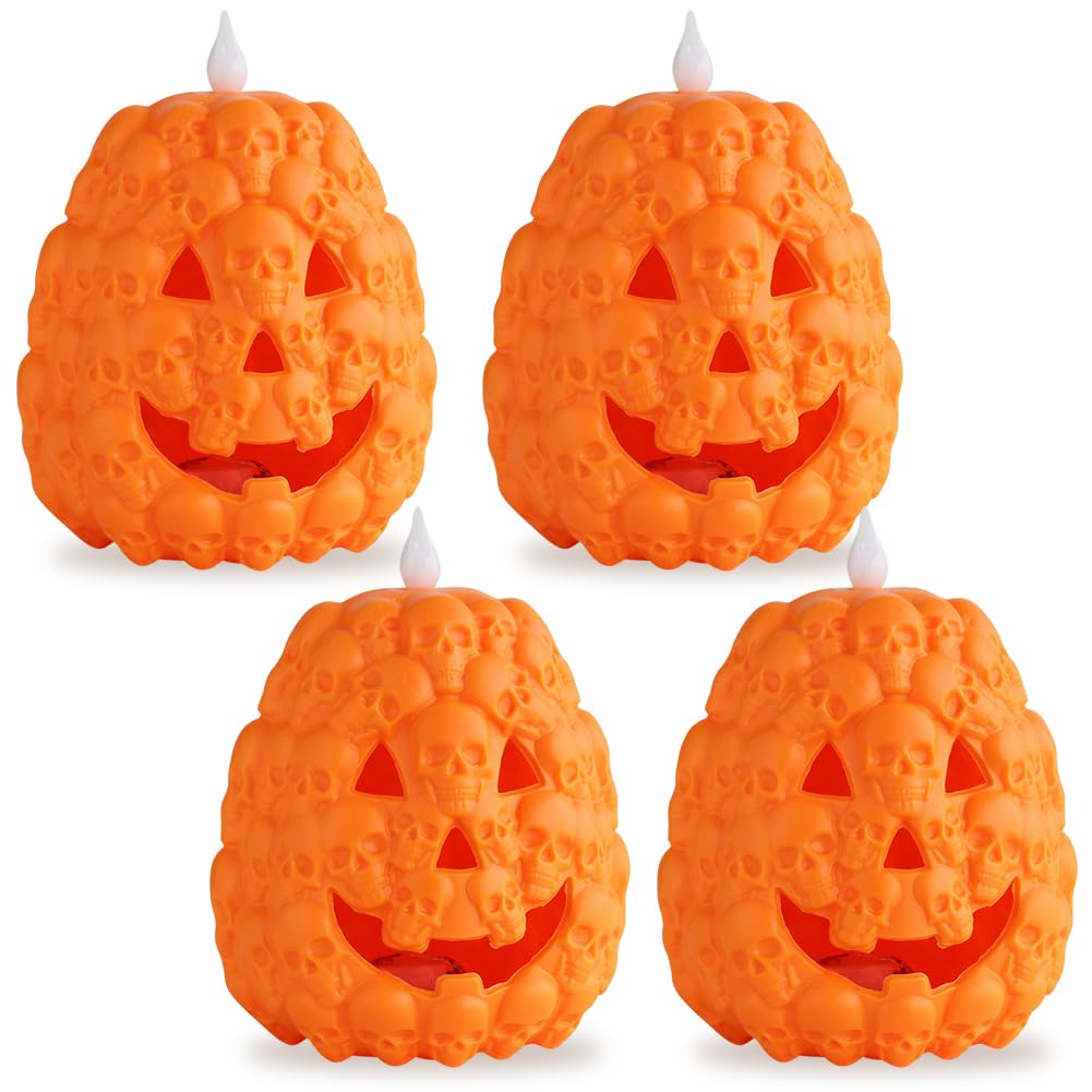 Halloween Pumpkin Lights, LED Orange Pumpkin Lights Operated, Halloween Decoration for Indoor Outdoor Garden Home Party - 4pcs