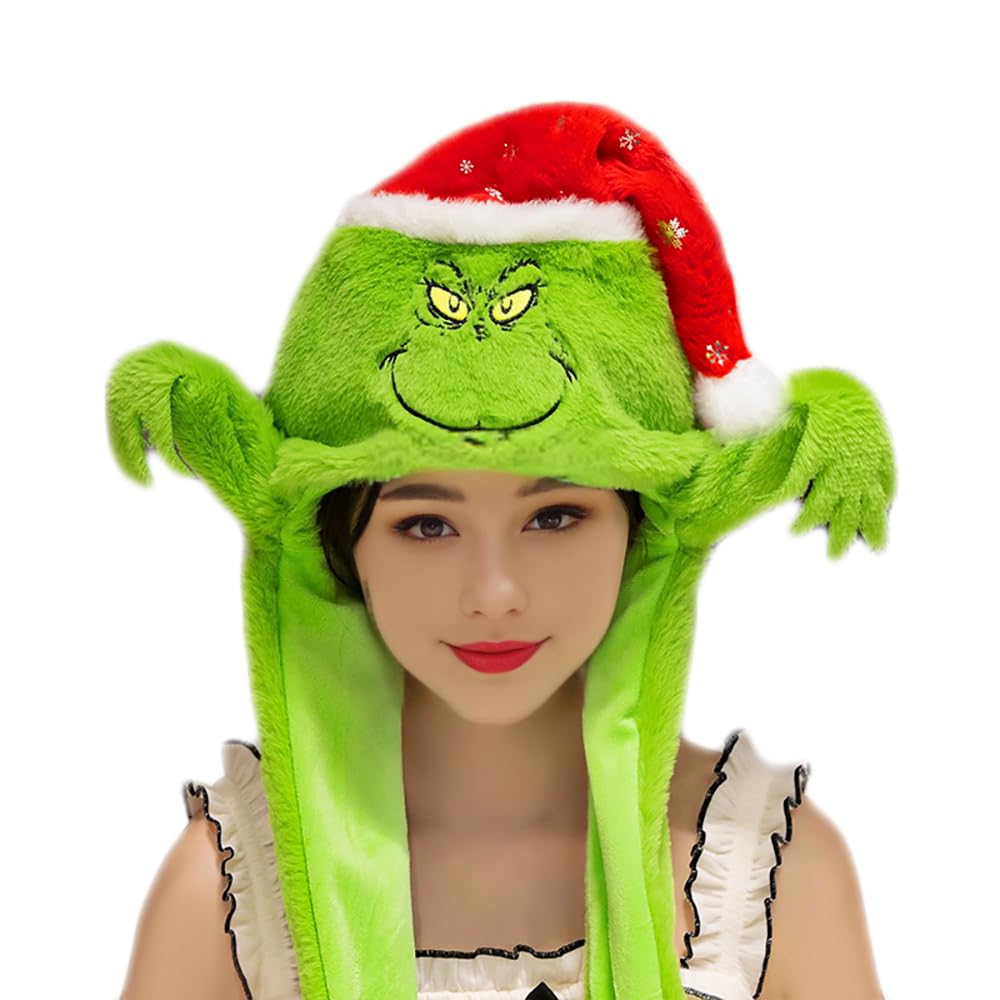 ZLIXING Christmas Hats for Grinch Costume Outfit Accessories Funny Stuff Gag Gift White Elephant Gifts Ideas for Women Men Adults Kids, Green, One Size