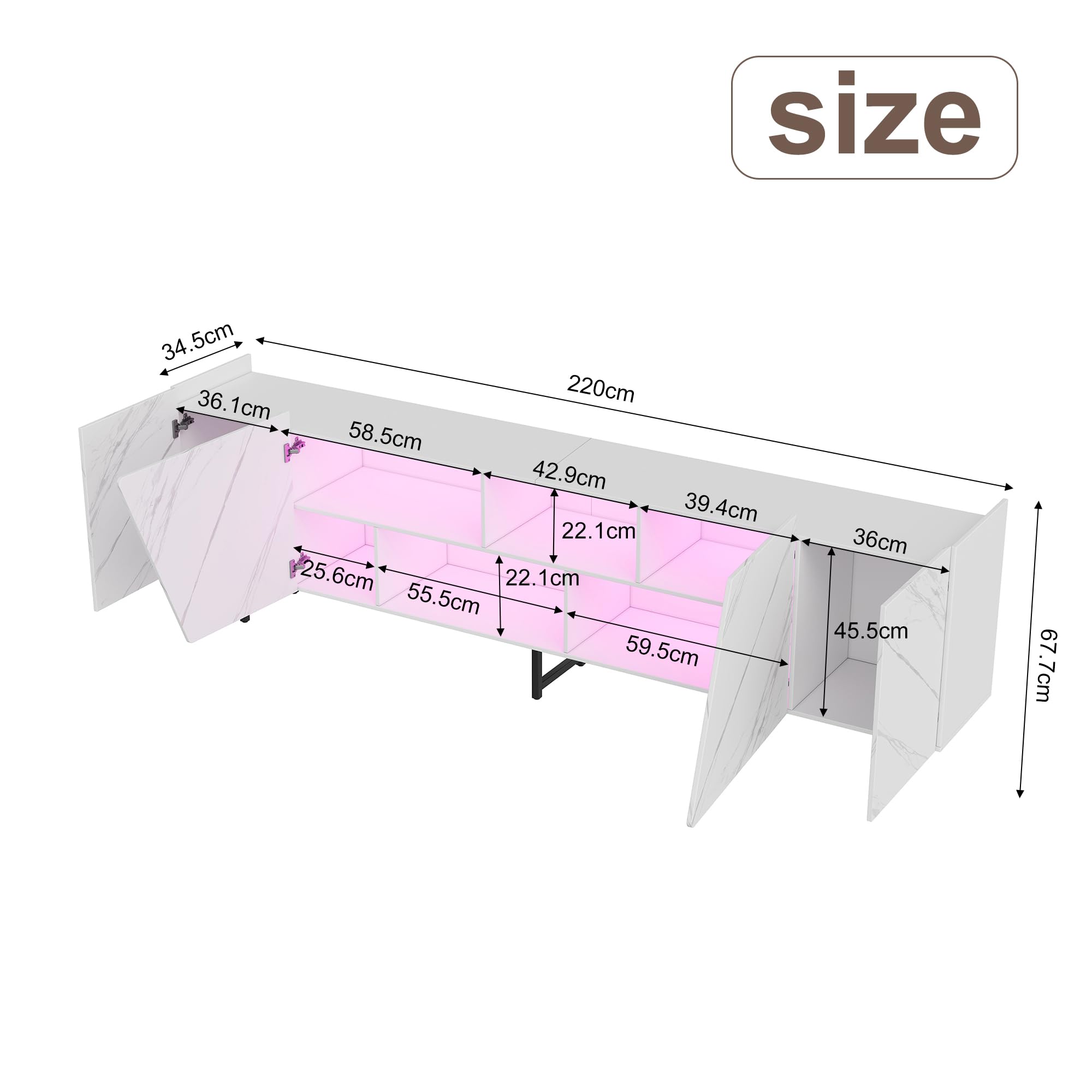 BRILVERDE Fernsehschrank mit LED-Beleuchtung in Weißer Marmoroptik Hochglanz – 220 cm TV Lowboard mit Tür, Stauraum und Sideboards, für Wohnzimmer (Weiß,220cm)