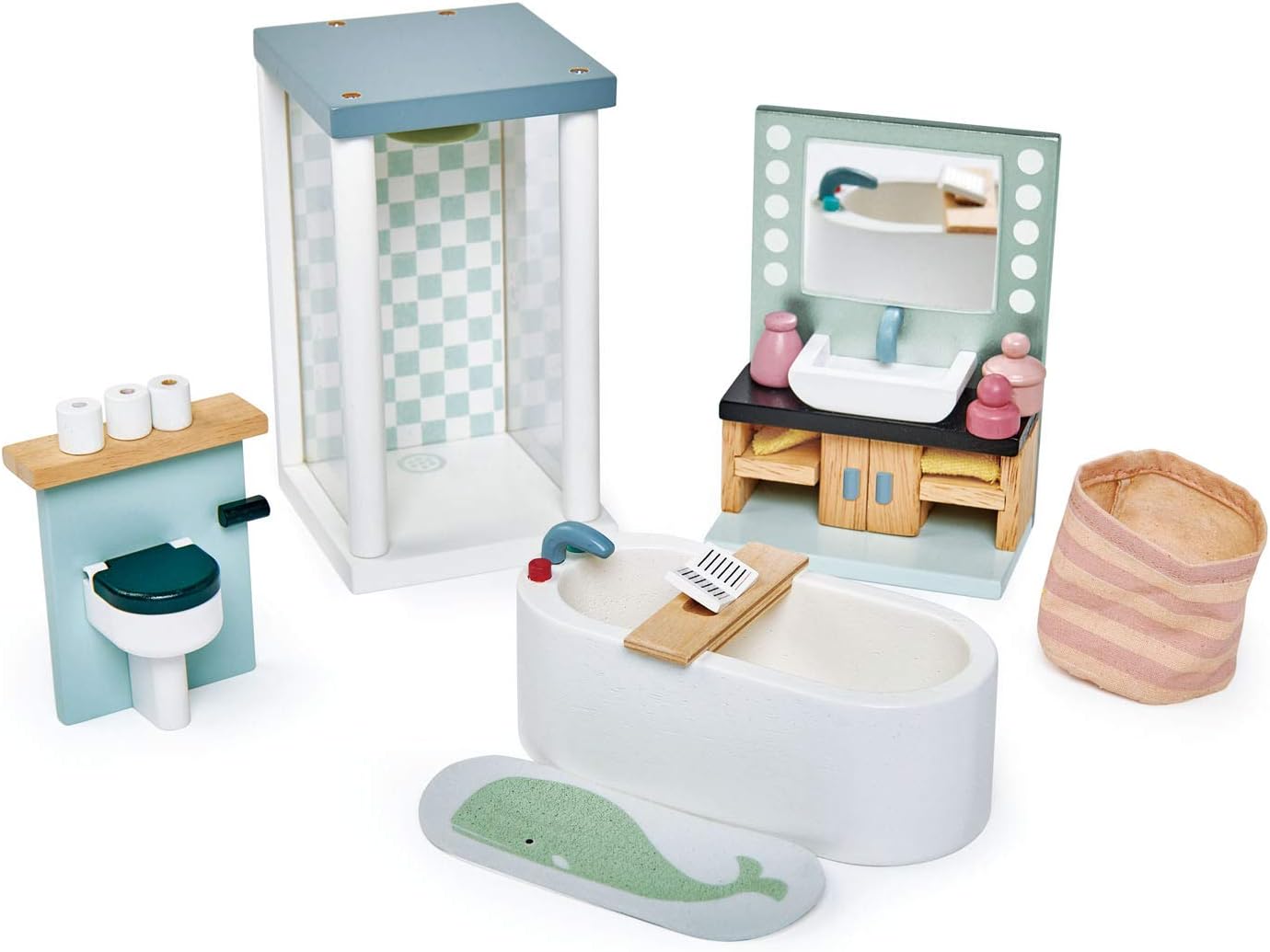 Dolls House Bathroom Furniture - Wooden Bathroom Suite with Bath, Shower, Toilet and Sink Unit for Dolls 10-12cm Tall