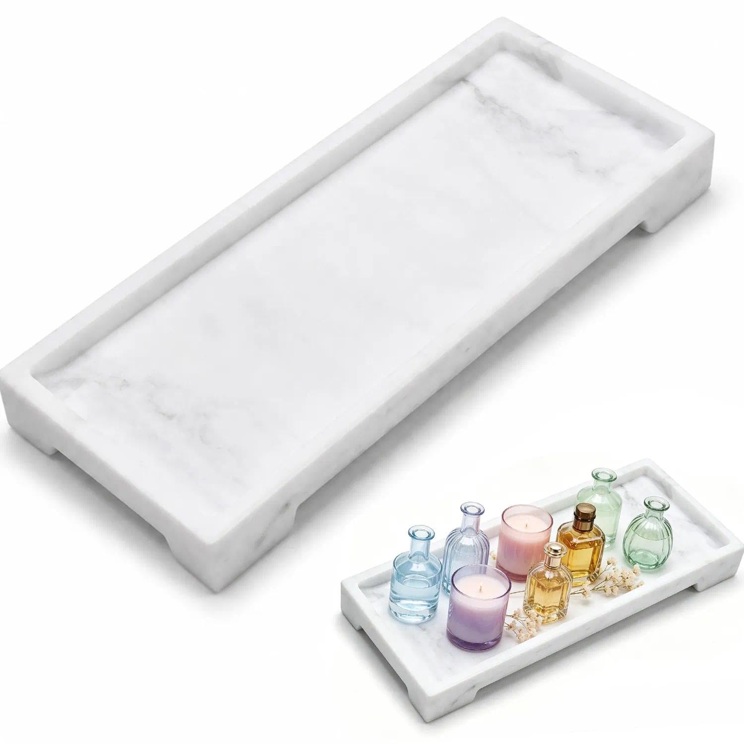 White Marble Pattern Silicone Bathroom Vanity Tray, 25.5 x 10.5 x 2.5 Cm
