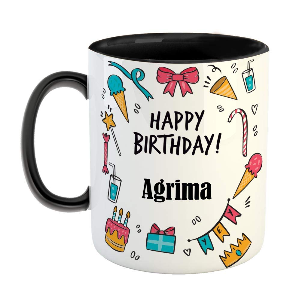 FurnishFantasy Ceramic Coffee Mug - Best Gift for Happy Birthday Mug , Color - Black, Name - Agrima