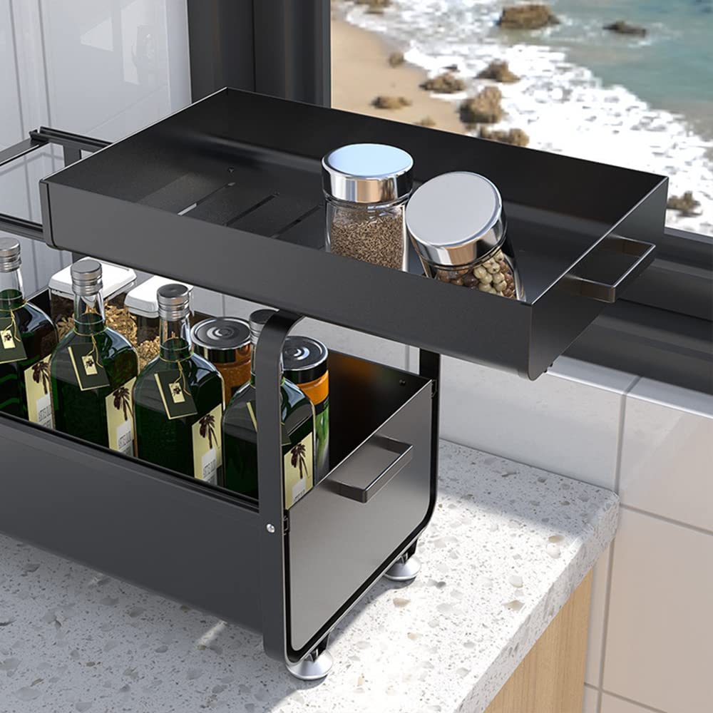 Cesta de almacenamiento deslizante de 2 niveles, cajón organizador, portaespecias, cesta corredera bajo fregadero, estante de almacenamiento para encimera de cocina, despensa (40 x 25,5 x 39,5 cm)