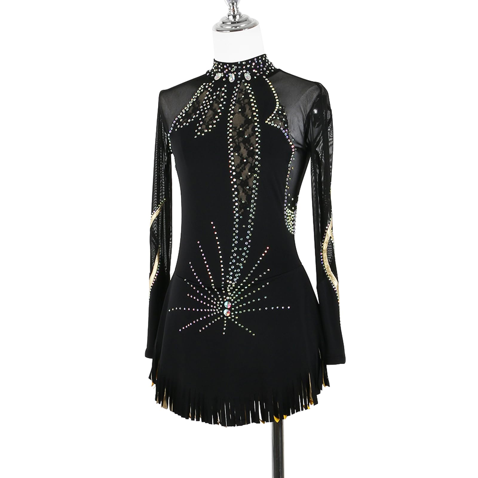 Vestido de Patinaje artístico, Malla con borlas y Diamantes de imitación, Traje de competición, Leotardo de Danza lírica y Gimnasia, Vestido de Patinaje sobre Hielo (Negro S)