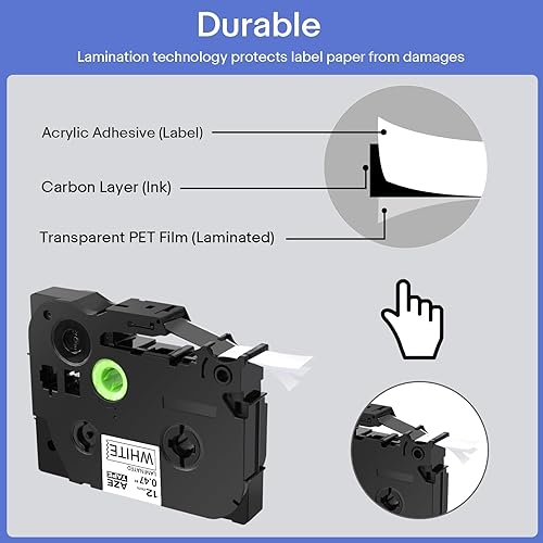 Miniatura 4 de GREENCYCLE 8 Pack TZe-231 Replacement for Brother P-Touch AZE-231 TZ-231 TZ231 12" 12mm 0.47 inch Laminated Black on White TZe Label Tape Compatible