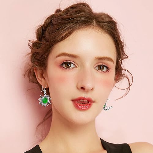Miniatura 4 de Juego de 9 pares de aretes colgantes de plata vintage, hechos a mano, estilo bohemio, estilo bohemio, retro, ópalo, piedra lunar, luna y sol, para