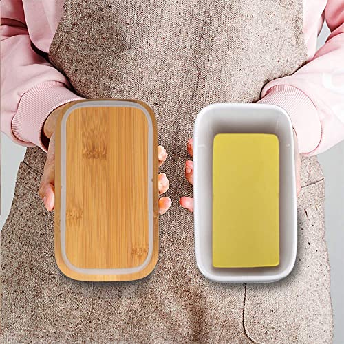 Image of Ceramic Butter Dish with Wooden Lid and Stainless Steel Knife, Large Butter Container Keeper with Bamboo Cover and Silicone Sealing Ring for West and East Coast Butter (White)