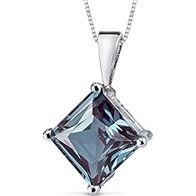 Created Alexandrite Pendant for Women 14K White Gold, Classic Solitaire, Color-Changing 3 Carats Princess Cut, 8mm, Color Change Alexandrite Jewelry, June Birthstone, w/Jewelry Box