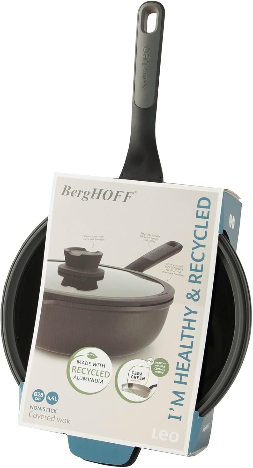 Berghoff Leo Stone+ Nonstick Ceramic 11in Wok Pan 4.6qt. With Glass Lid Recycled Aluminum CeraGreen Non-toxic PFAS Free Cookware Stay-cool Handle Spoon Rest on Lid Induction Ready