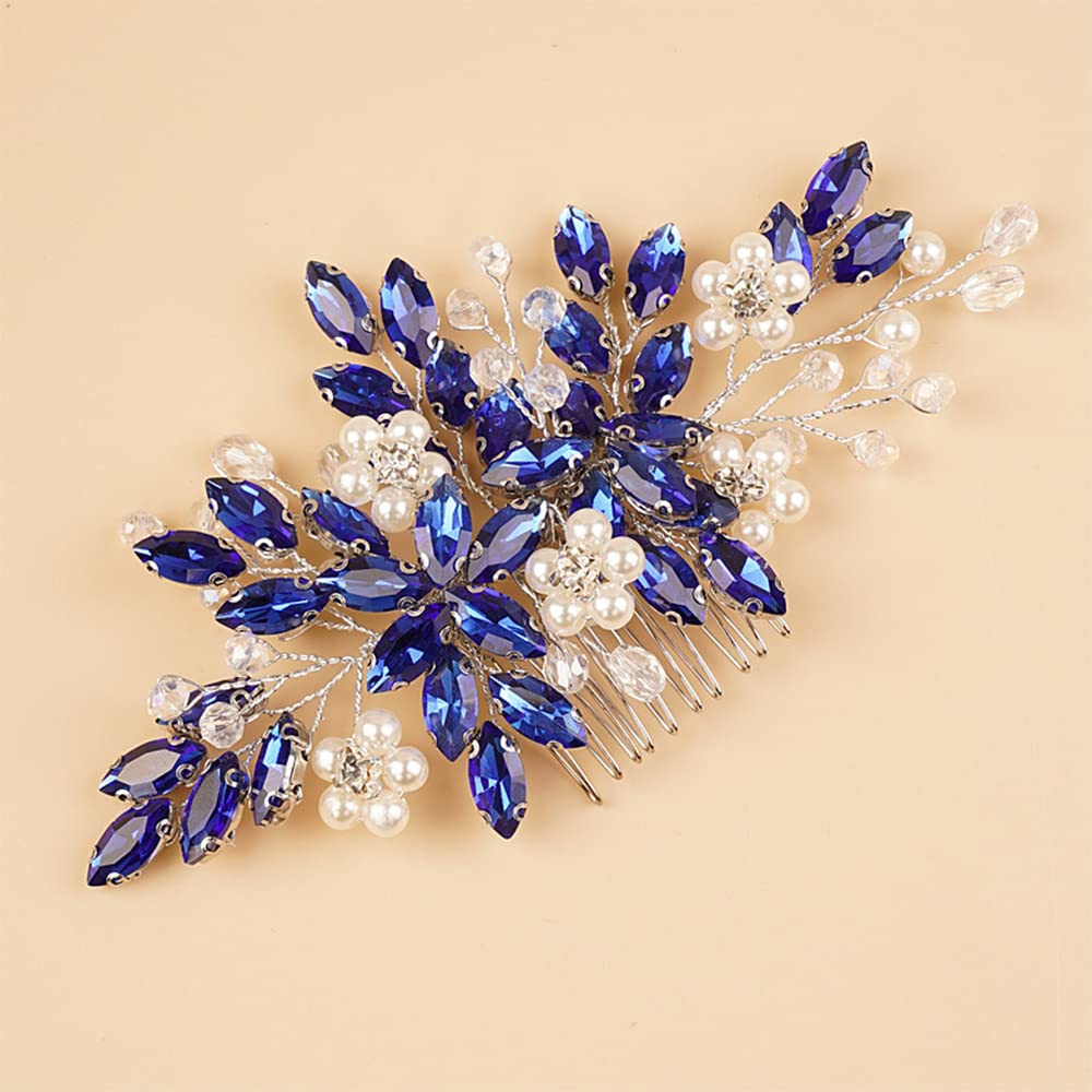 BERYUAN Pearls Rhinestone Flowers Hair Comb Blue Teardrop Crystal Rhinestone Wedding Headband Silver Bride Headband Crystal Rhinestone Pearls Wedding Headpiece for Women Girls (BLUE) - Image 3