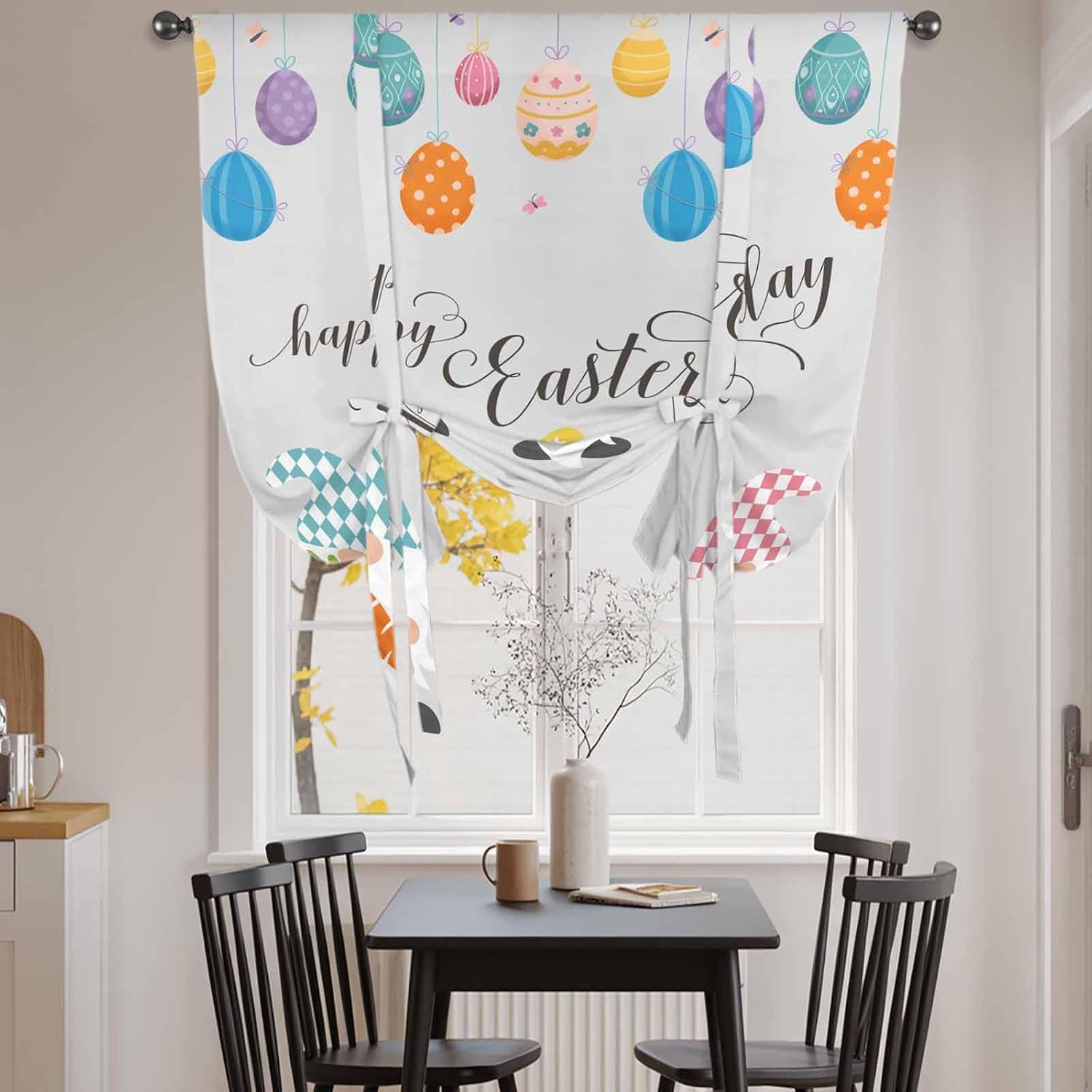 Gnomes Easter Tie Up Curtains for Window, Colorful Eggs Bunny Retro Art Thermal Insulated Balloon Shade Adjustable Rod Pocket Curtains Valance Panels for Kitchen Bathroom Café 52'' x 63''