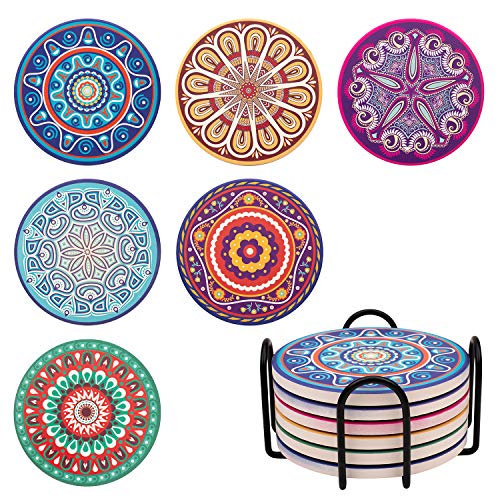 Coasters for Drinks Absorbent with Holder, 6 Pcs Drink Coasters Cork Base, A