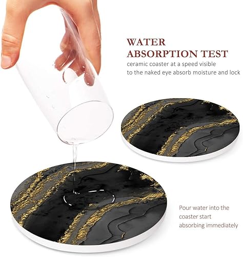 Miniatura 3 de Britimes Juego de 6 posavasos de mesa para bebidas, mármol negro, dorado, dorado natural, dorado, amarillo, café, redondo, absorbente, cerámica,