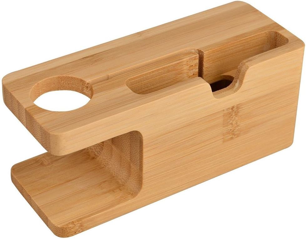 Charging Station,IPUTY 2 in 1 Bamboo Wood Charging Stand Bracket Docking Station Cradle Holder Slot for Phone Stand for iPhone X 8 7 6 Plus 5 5c and Apple Watch 38mm 42mm Series 3 Series 2 Series 1